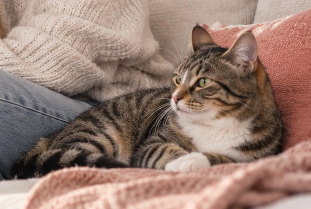 Tabby cat resting on a pink blanket beside its owner indoors