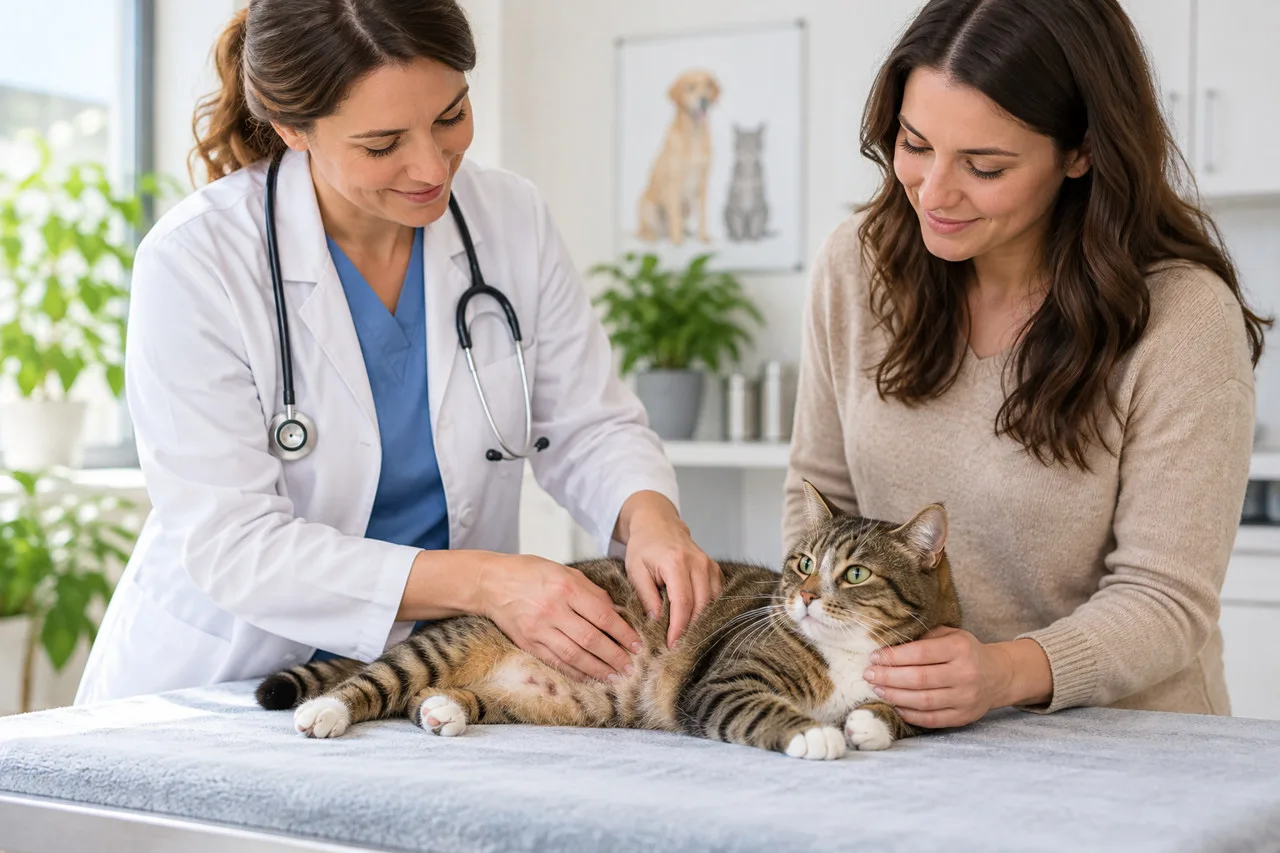 Veterinarian examining a tabby cat with the owner